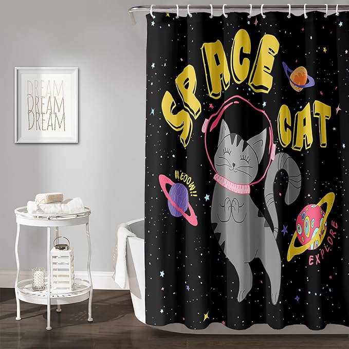 AILONEN Kawaii Cat Shower Curtains,Galaxy Aerospace Cat Bath Curtain for Bathroom,Outer Space Polyester Waterproof with 12 Plastic Hooks 72" W*96" H