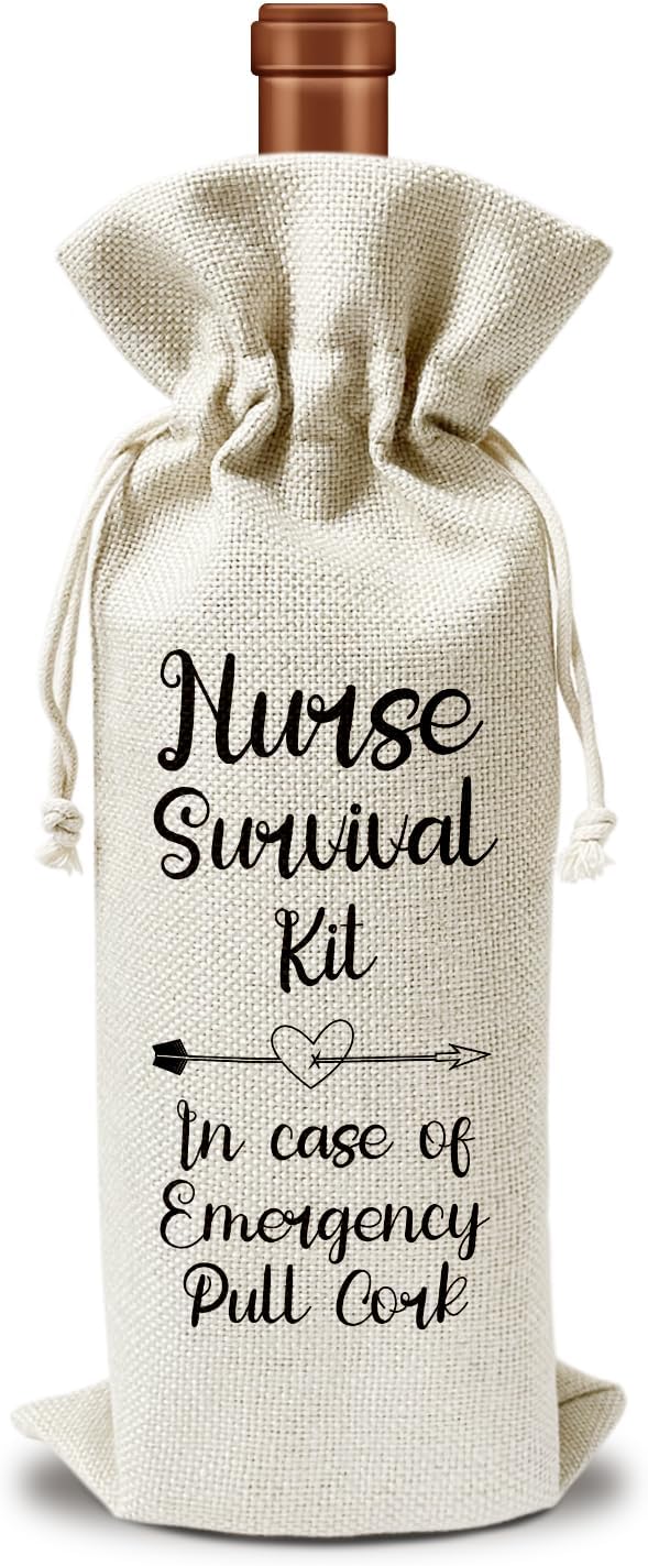 Nurse Wine Gift Bags, Nurse Gifts for Nurse Practitioner RN Nursing Student, 1pcs Nurse Survival Kit Reusable Burlap Wine Gift Bags for Wine Bottles, Nurse Week Graduation Holiday Party Favor -13