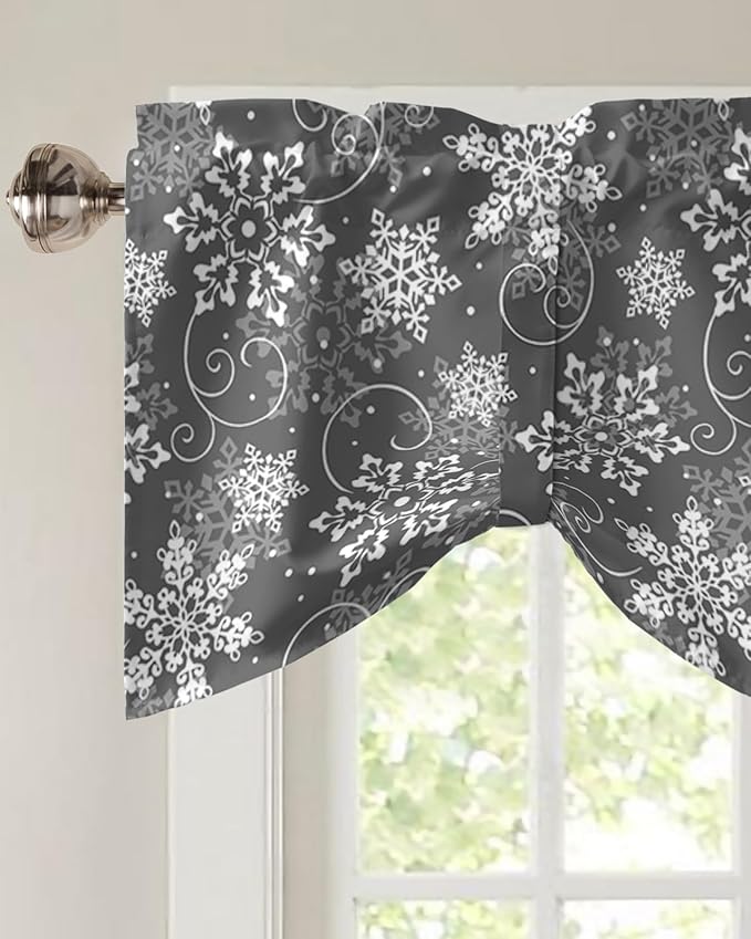 Christmas Blackout Tie Up Valance Curtains for Kitchen Windows Grey White Snowflakes Pattern Window Toppers Balloon Shades for Living Room/Bathroom/Bedroom,1 Panel, 42" X 12", Winter