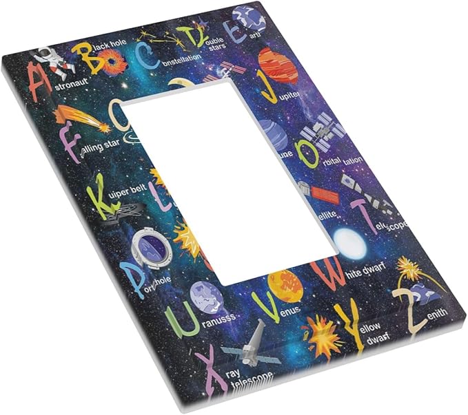 ABC Outer Space 1 Gang Rocker Light Switch Plate Alphabet Galaxy Educational Single Decora Outlet Wall Plate Cover Faceplate Decorative Switchplate GFCI for Kidroom Nursery Living Room Boyroom Decor