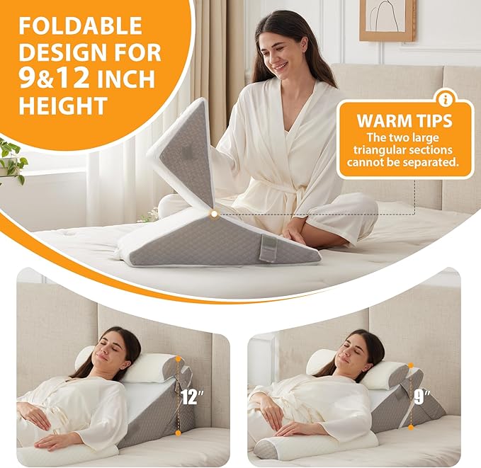 4PCS Orthopedic Bed Wedge Pillow Set for Sleeping, Wedge Pillow for Back Pain Relief, 10-in-1 Adjustable Bed Wedge Pillow Post Surgery, Triangle Pillow for Acid Reflux Snoring Gerd, White/Grey