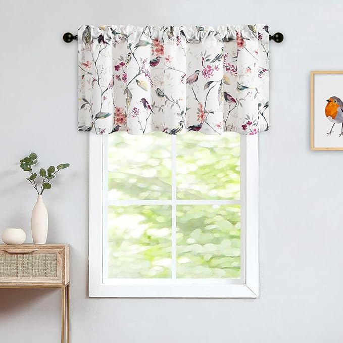 Leeva Window Valances for Laundry Bedroom Living Room, Birds Vines Printed Small Curtains Rod Pocket Vintage Semi-Blackout Valance for Windows, 52 x 18 Inch, Purple Birds, One Panel