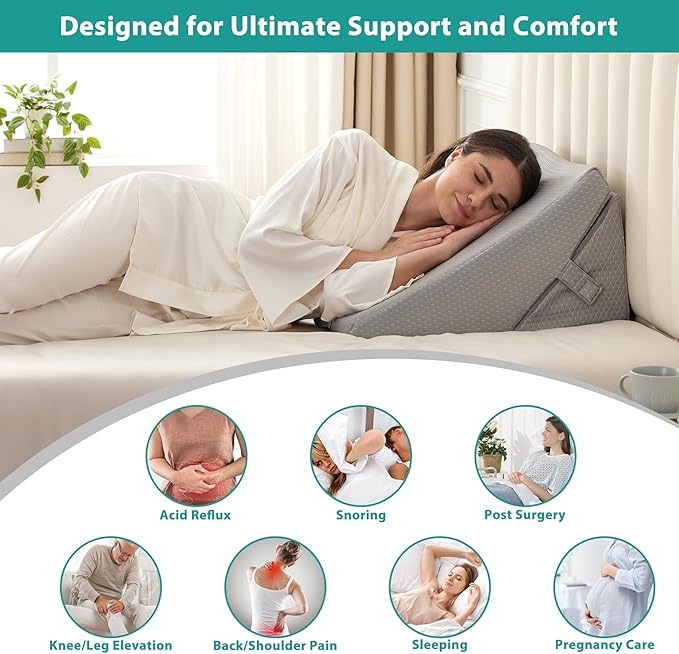 Wedge Pillow for Sleeping, Adjustable 9&12 Inch Foldable Bed Wedge Pillow Set, Orthopedic Memory Foam Triangle Pillow Wedge, 7-in-1 Elevated Pillows for Leg and Back Support, Grey