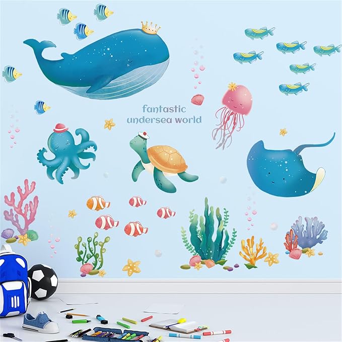 Colorful Ocean Life Wall Sticker Sea Creatures Wall Stickers Under The Sea Fish Jellyfish Removable Wall Decor Peel and Stick Underwater Sea Decor for Kid Baby Bathroom Bedroom Living Room (Style2)