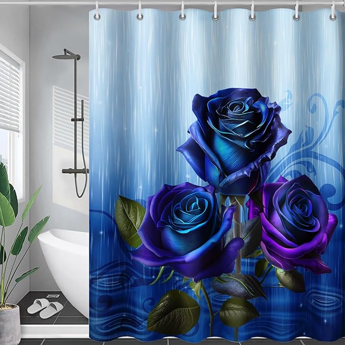 AILONEN Blue Rose Shower Curtain for Girls,Raining Rose Shower Curtain for Bathroom Decor,Women Kids Polyester Waterproof 3D Printed Bath Curtain with 12 Hooks,72" W*78" H