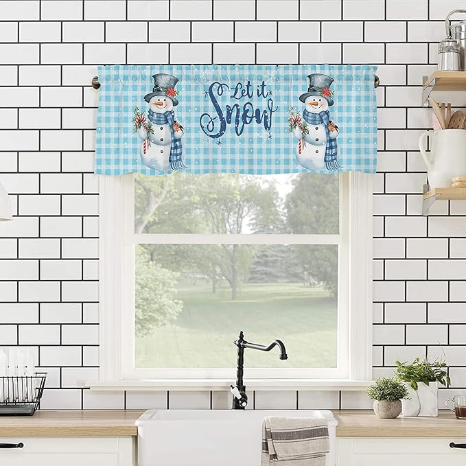 Snowman Christmas Valance Curtains for Kitchen Windows Let It Snow Winter Holiday Rod Pocket Window Treatment Toppers for Kitchen/Living Room/Bedroom/Bathroom, 42" X 12", Blue White Buffalo Plaid