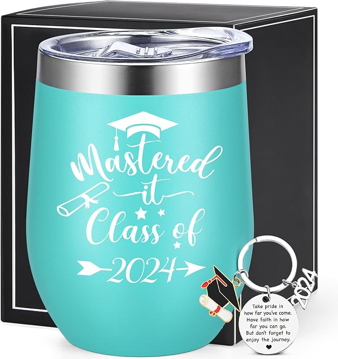 Lifecapido Graduation Gifts, Mastered it Class of 2024 12oz Wine Tumbler with Keychain, 2024 High School College Masters Degree PHD Graduation Gifts for Her Graduates Friends Classmates, Aqua Blue