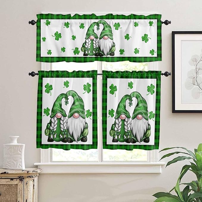 Gnome St. Patrick's Day Kitchen Curtains and Valances Set, Buffalo Plaid Shamrock Window Tiers Seasonal Spring Holiday Half/Short Curtains for Small Windows Cafe /Living Room/ Bedroom 54x 36 in