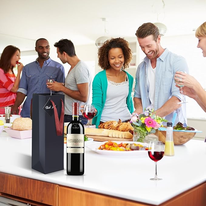 Wine Bags, 12 Packs, Strong Card Paper Wine Gift Bag with Ribbon Handles and Thank You Card, 4-3/8x 4 x 14 Fit 750ml Wine Bottle or Champagnes - Black 12