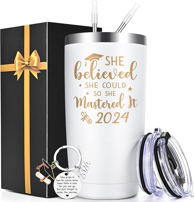 Lifecapido Graduation Gifts, Masters Degree Graduation Gifts, College Graduation Gifts for Her, Graduation 20oz Insulated Tumbler, Inspirational Gifts with Key Chain for Women Sister Friends, White
