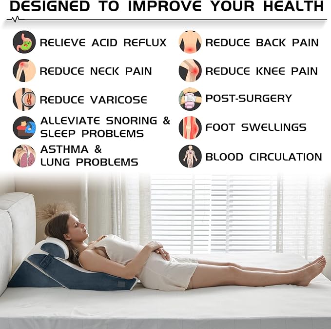 Qirroboni 3PCS Orthopedic Bed Wedge Pillow Set, Adjustable Pillows for Neck, Back and Leg Pain Relief Comfortable & Post Surgery Foam - Heartburn, Anti Snoring, Acid Reflux & GERD Sleeping Indigo