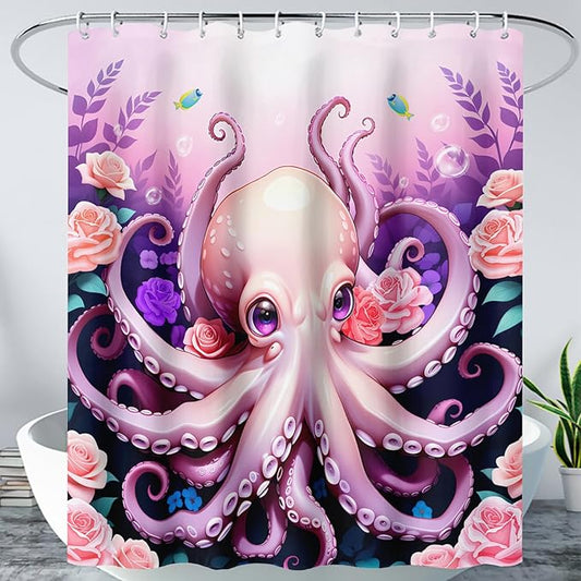 AILONEN Cartoon Pink Octopus Shower Curtain for Bathroom,Cute Octopus with Rose Bath Curtain for Kids,Boys,Girls,Ocean Animal Theme Waterproof Fabric Shower Curtain Set with Hooks,72" W*78" H