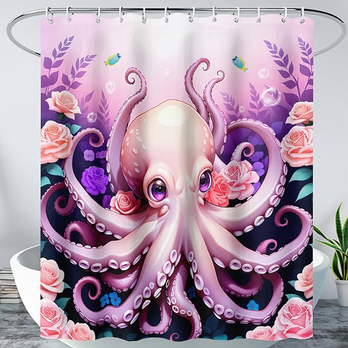 AILONEN Cartoon Pink Octopus Shower Curtain for Bathroom,Cute Octopus with Rose Bath Curtain for Kids,Boys,Girls,Ocean Animal Theme Waterproof Fabric Shower Curtain Set with Hooks,72" W*72" H
