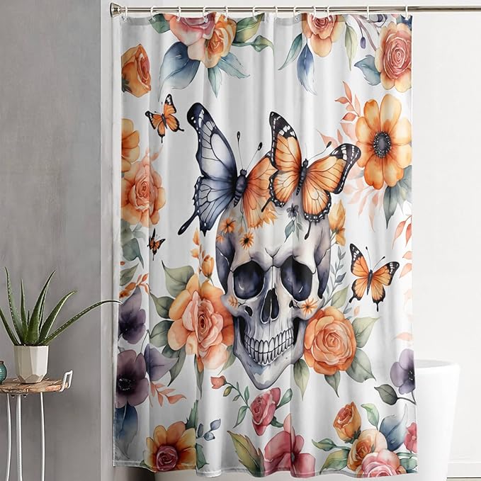 AILONEN 3D Sugar Skull Shower Curtain,Sunflower with Skeleton Design Shower Curtain Set with Hooks for Boys Girls,Butterfly Gothic Skull Waterproof Fabric Shower Curtain for Bathroom,60" W*72" H