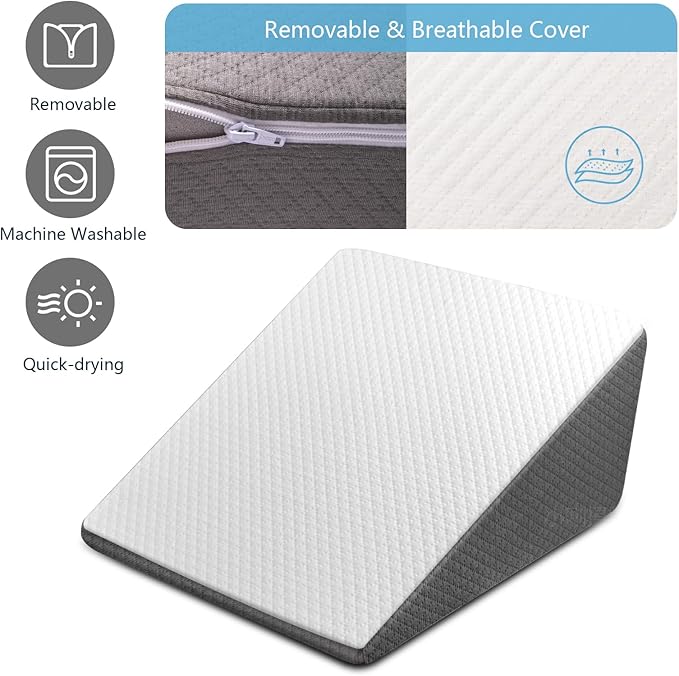 Wedge Pillow for Sleep Apnea, 12 Inch Bed Wedge Pillow for Headboard, Wedge Pillow for Acid Reflux, After Surgery, Snoring, Cooling Memory Foam Top Triangle Pillow Wedge, Removable Cover