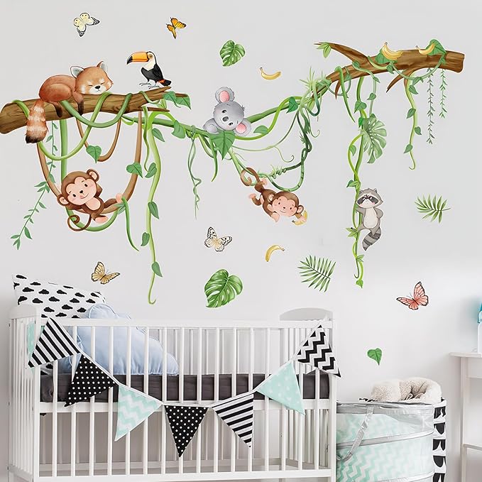 Removable Jungle Animals Wall Decals Peel and Stick Safari Monkey Climbing Tree Wall Stickers Vinyl Sloth Butterfly Vine Mural Art Decor for Kids Nursery Bedroom Living Room Sofa TV Wall