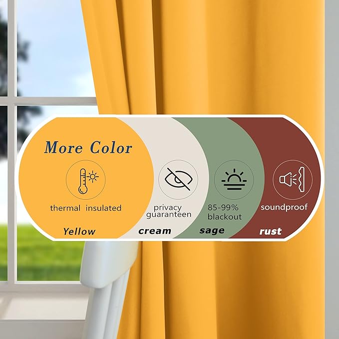 Mrs.Naturall Blackout Curtains 72 Inch Length 2 Panels Set Thermal Insulated Grommet Room Darkening Curtains for Bedroom 72 Inches Long,Yellow