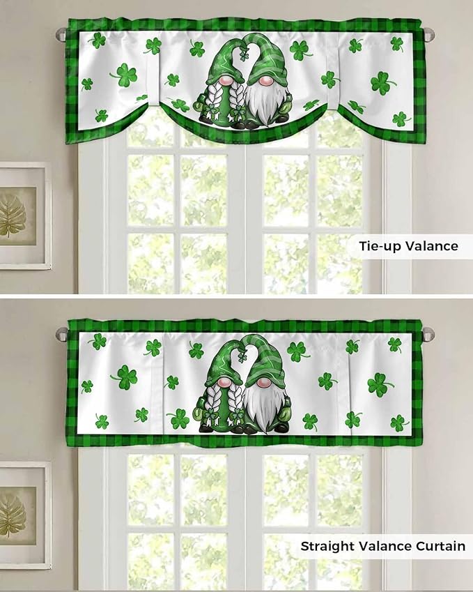 Gnome St. Patrick's Day Blackout Tie Up Valance Curtains for Kitchen Windows Buffalo Plaid Shamrock Window Toppers Balloon Shades for Living Room/Bathroom/Bedroom,1 Panel, 60" X 18", Spring Holiday