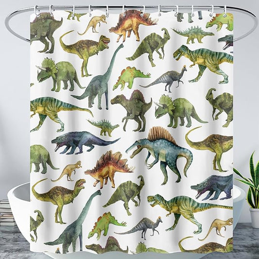AILONEN Dinosaur Shower Curtain 72" W*78" H for Bathroom,Cartoon Dinosaur Bathroom Shower,Tropical Jungle Dinosaur Kids Boys Bath Curtain Polyester Waterproof Bathroom Curtain with 12 Hooks