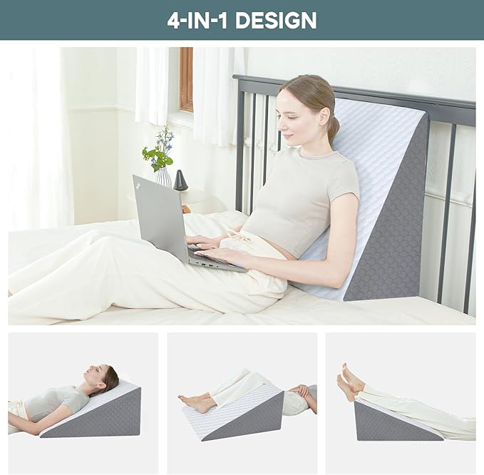 Bed Wedge Pillow, 8" 24" 24" Triangle Pillow Wedge, Cooling Memory Foam Top, Elevated Support Wedge Pillow for Relieving Acid Reflux, Heartburn, Snoring and GERD