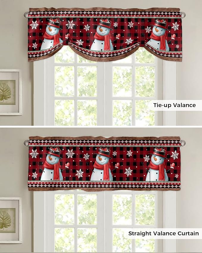 Christmas Blackout Tie Up Valance Curtains for Kitchen Windows Funny Snowman Snowflake Window Toppers Balloon Shades for Living Room/Bathroom/Bedroom,1 Panel,54" X 18" Red Farmhouse
