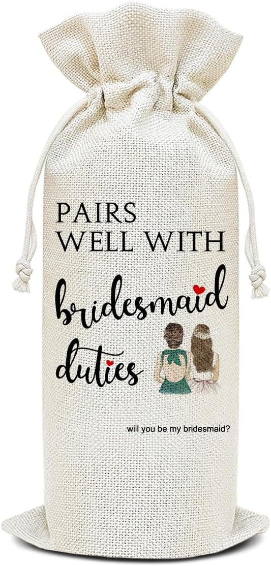 Wine Canvas Bag, Bridesmaid Proposal Wine Gift Bag, Bridesmaids Gifts for Sister Wine Bags for Wine Bottles, Wine Gifts With Drawstring Engagement Bachelorette Bridal Shower Party Decoration -WB17