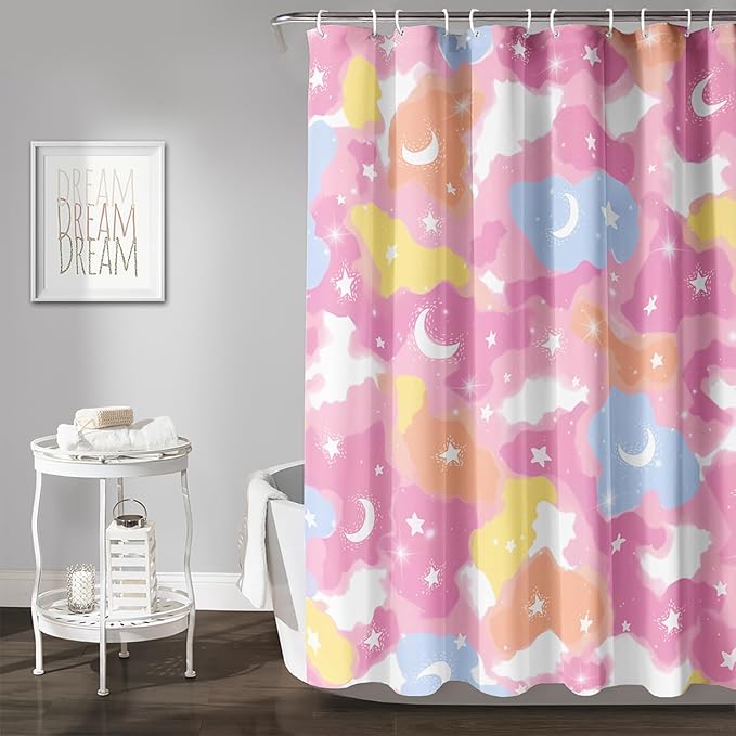 AILONEN Pink Galaxy Shower Curtain,Star and Moon Theme Bathroom Shower Curtain for Girls Kids Teens, 36" W*72" H Colorful Starry Sky Shower Curtain for Bathroom