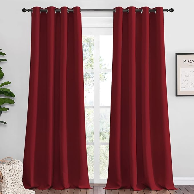 NICETOWN Burgundy Red Blackout Draperies Curtains - Pair of Grommet Top Thermal Insulated Blackout Decorative Curtains for Thanksgiving Day & Christmas Decor(55 inches Wide by 96 inches Long)
