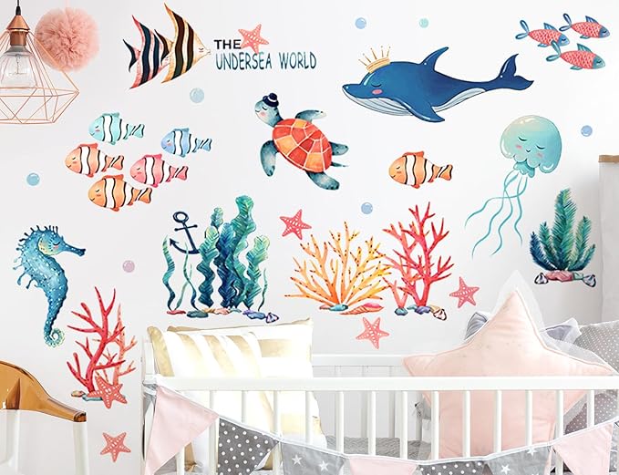 8 Sheets Under The Sea World Wall Decals Ocean Animals Wall Decals Removable DIY Ocean Fish Seahorse Coral Turtle Wall Decor for Kids Baby Bathroom Bedroom Living Room Playroom TV Wall Decor