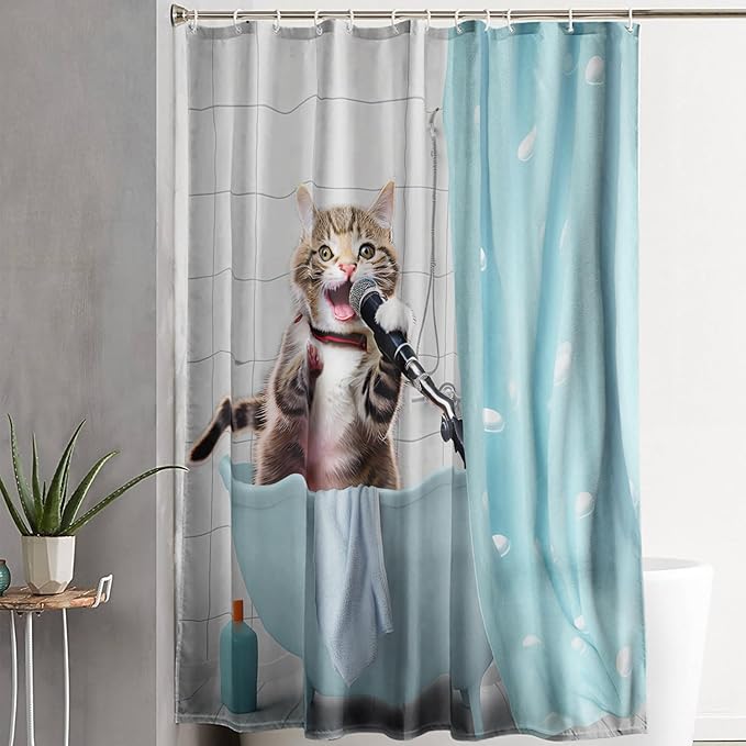 AILONEN Cartoon Shower Cat Shower Curtain for Kids Boys,Funny Singing Cat Waterproof Fabric Shower Curtain for Bathroom,Lovely Hilarious Pet Shower Curtain Set with Hooks,48" W*72" H
