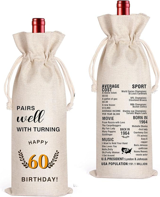 LANBAIHE 60th Birthday Gifts for Her,60th Birthday Gift for Women Men, 60 Years Old Birthday Gifts Wine Bag, 60th Birthday Decorations Party Supplies-1964 Birthday (60 BIRTHDAY)