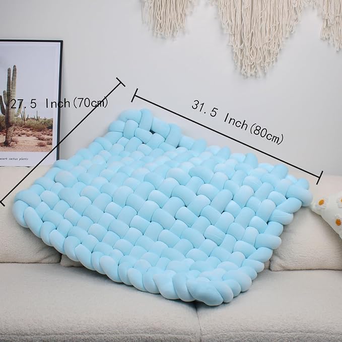 XHJRI Thickened Braided Knot Seat Mat, Knotted Floor Decorative Cushion, Handmade Baby Infant Playing Pad Nursery Rug (27.5 * 31.5 Inch,Blue)