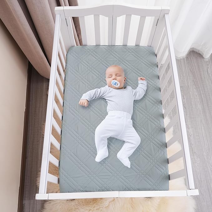 Waterproof Mini Crib Mattress Protector 2 Pack, Ultra Soft Breathable Mini Crib Mattress Pad Cover for Boys Girls Neutral, Fit Pack N Play, Playard and Mini Crib Mattresses, White & Grey