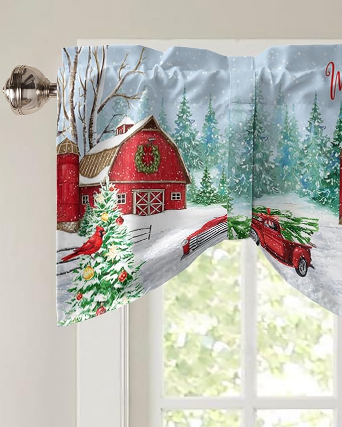 Red Truck Christmas Blackout Tie Up Valance Curtains for Kitchen Windows Merry Christmas Farmhouse Window Toppers Balloon Shades for Living Room/Bathroom/Bedroom,1 Panel, 54" X 18", Winter Xmas Tree