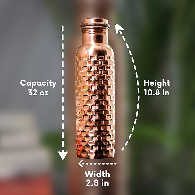 Copper Water Bottle Ayurveda Pure Copper Water Bottle for Drinking 32 oz Antique Black Leak Proof Joint Less Pure Copper Water Bottle with Lid-Purw Water Bottle 950 ML For Gym, Office, Hiking,Travel