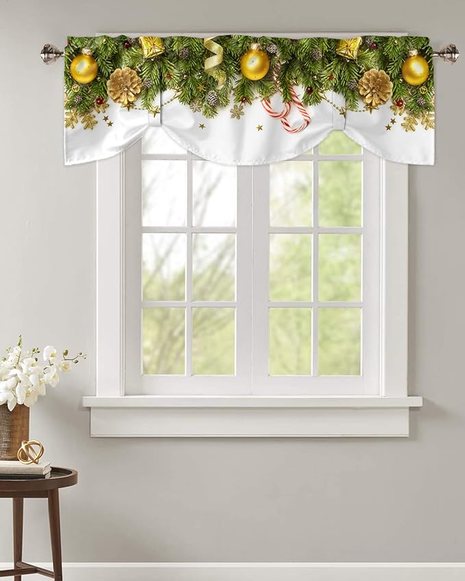 Christmas Blackout Tie Up Valance Curtains for Kitchen Windows Pine Cones Window Toppers Balloon Shades for Living Room/Bathroom/Bedroom,1 Panel,60" X 18" Golden Ornament Balls