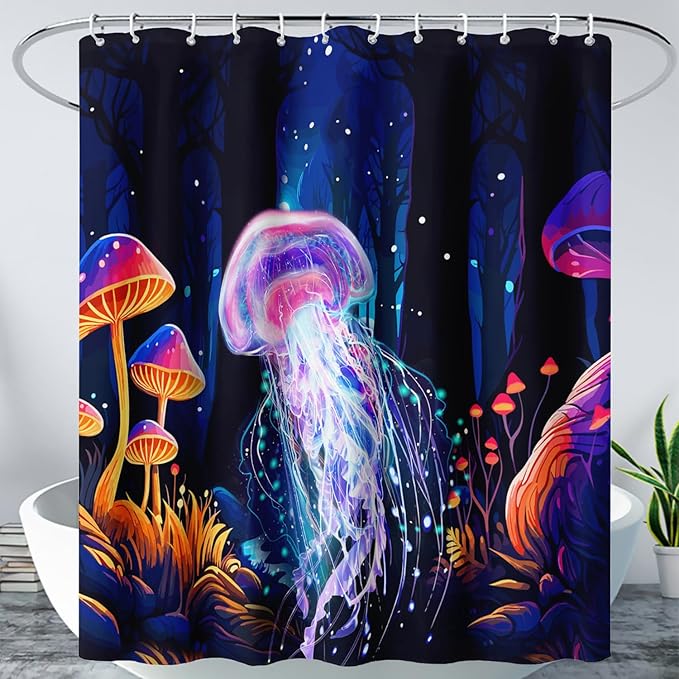 AILONEN Beautiful Jellyfish Shower Curtain,Magic Mushroom Waterproof Fabric Bath Curtain for Kids Girls,Boho Style Mysterious Planet Shower Curtain Set for Bathroom, 36" W*72" H