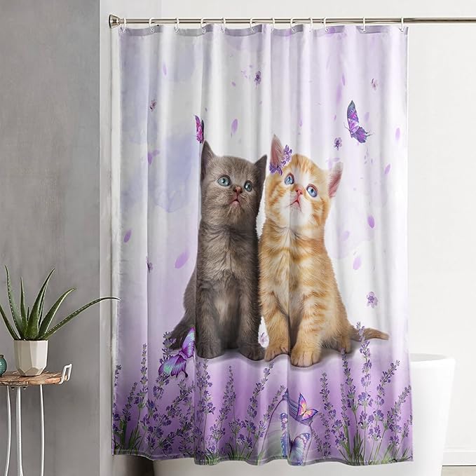 AILONEN Cartoon Cat Shower Curtain, Kawaii Kittens with Purple Flower Shower Curtain for Kids Girls Boys Bathroom Decor,Cute Pet Cat Lover Waterproof Shower Curtains Sets with Hooks,72" W*78" H