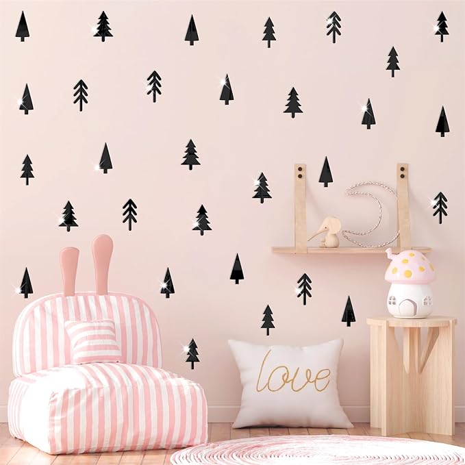 Pine Tree Wall Stickers 3D Acrylic Mirror Wall Stickers Decor Black Small Tree Wall Decals Peel and Stick Pine Tree Art Decals Acrylic Wall Stickers for Nursery Kids Bedroom Decor