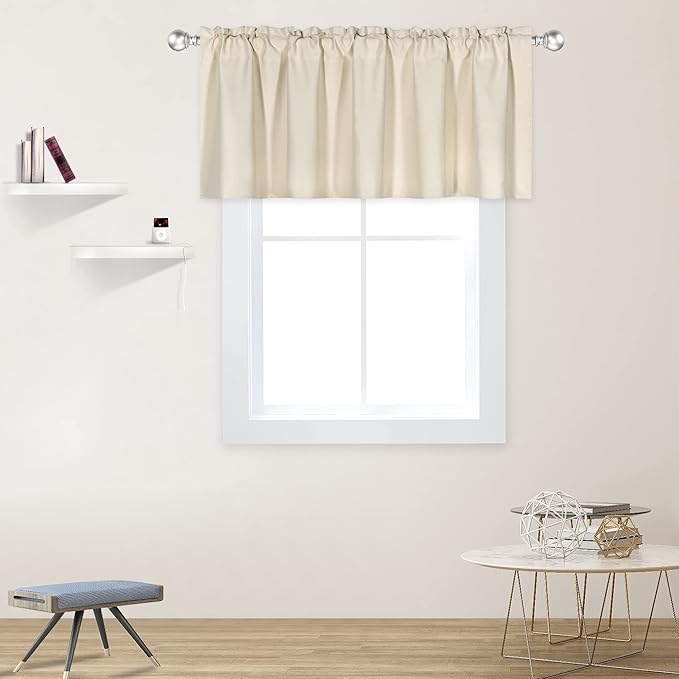 Beige Valance for Windows 52x18 Inch Solid Thermal Insulated Blackout Rod Pocket Kitchen Short Curtain Toppers Valance for Bathroom Living Room 1 Panel