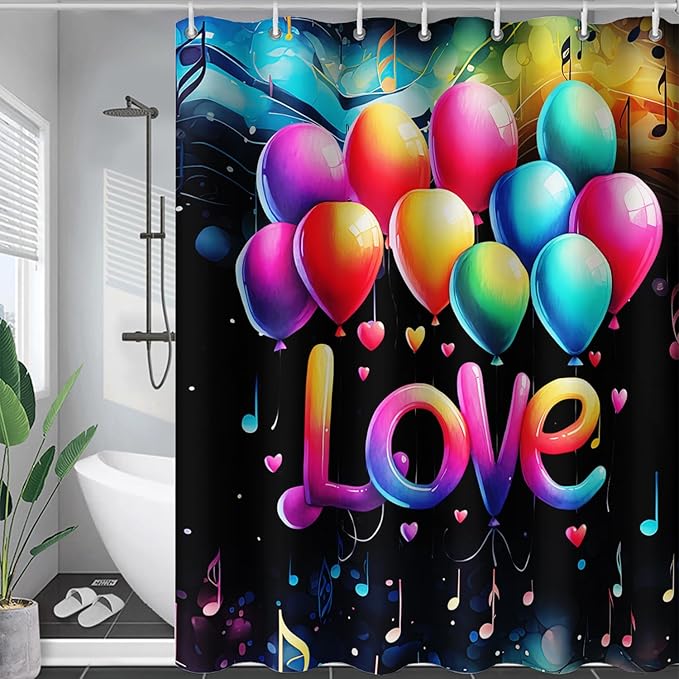 AILONEN Love Theme Shower Curtain for Bathroom, Romantic Rainbow Balloon Tie Dye Bath Curtain for Kids Girls Women,Abstract Music Black Shower Curtain Waterproof with 12 Plastic Hooks, 72" W*72" H