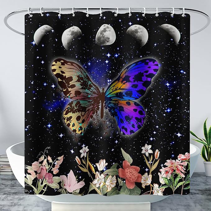 AILONEN Colorful Moth Shower Curtain,Sun and Moon Shower Curtain Set for Kids Girls Boys,Boho Natural Flowers Bath Curtain,Starry Night Bathroom Decor Shower Curtain with 12 Hooks,48" W*72" H