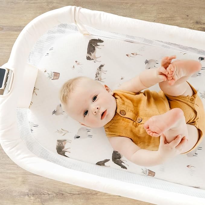 GRSSDER Stretchy Ultra Soft Bassinet Mattress Sheets 2 Pack, Universal Fitted for Baby Cradle Moses Basket Oval Rectangle Standard Pad Safe and Snug, Cute Animal Print Bassinet Sheet for Boys