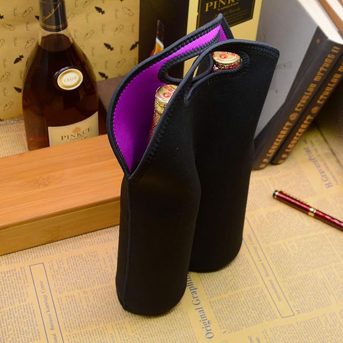 Two Bottles Wine Carrier Tote Bag, Insulated Thick Neoprene Wine/Water Bottle Holder Keeps Bottles Protected, Perfect for Picnics, Beach, Travel (2 PCS, Black)