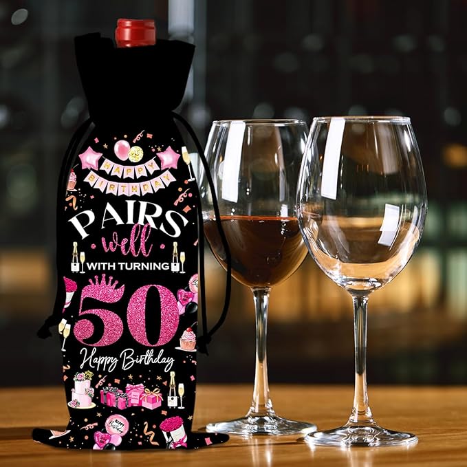 50th Birthday Gifts for Her Him Wine Bag, 50 Year Old Birthday Gifts for Women Men, 1974 Birthday Gifts for Women Men, Happy 50 Year Old Birthday Party Decorations for Women Men (Black Pink)
