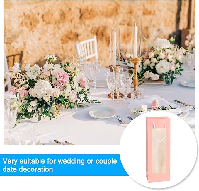 uxcell Wine Bags, 20pcs 4.92"x3.35"x14.2" Wine Gift Bags with Rope Handles, Paper Wine Tote Bag with Clear Window for Wedding Birthday Christmas Party Supplies, Pink