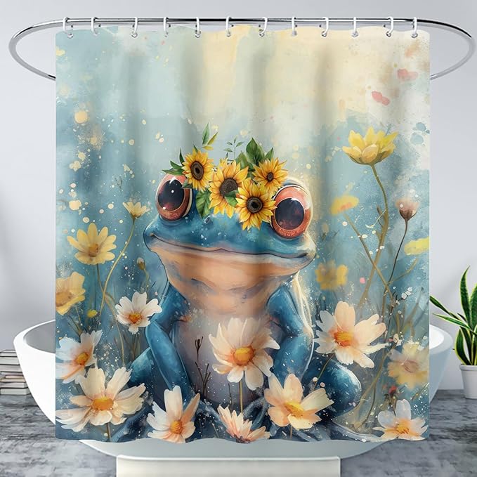 AILONEN Cartoon Frog Shower Curtain,Blue Frog with Sunflowers Polyester Cloth Bath Curtain Set for Kids Boys Girls,Amphibious Animals Shower Curtains for Bathroom,72" W*78" H
