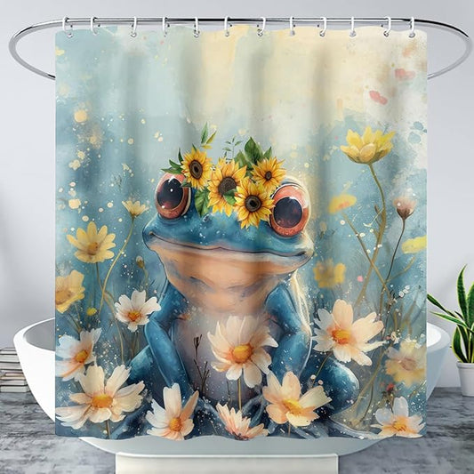 AILONEN Cartoon Frog Shower Curtain,Blue Frog with Sunflowers Polyester Cloth Bath Curtain Set for Kids Boys Girls,Amphibious Animals Shower Curtains for Bathroom,48" W*72" H