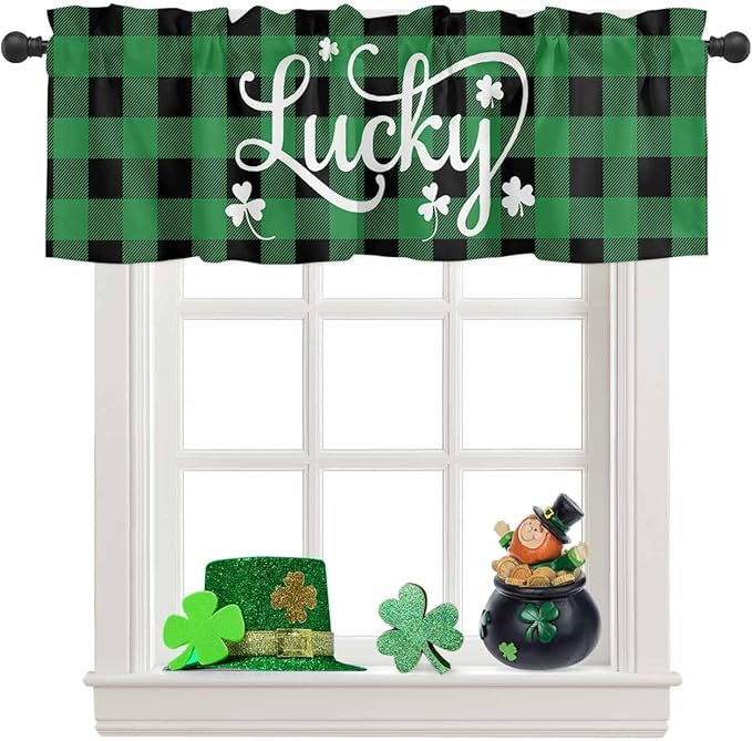 St. Patrick's Day Buffalo Plaid Kitchen Curtains Valances for Windows Lucky Shamrocks Clover Rod Pocket Window Treatment for Kitchen /Living Room/Bedroom/ Bathroom, 60" X 18", Rustic Green Black