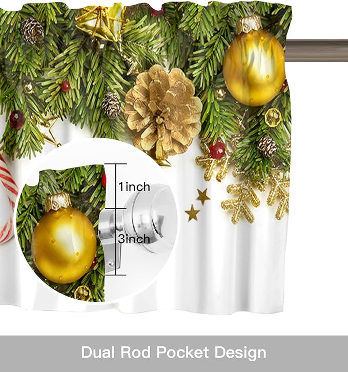 Christmas Kitchen Curtains Valances for Windows Pine Cones Rod Pocket Window Treatment for Kitchen/Living Room/Bedroom/Bathroom,42" X 12" -1 Panel, Golden Ornament Balls